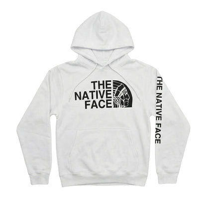Native Face Hoodie in white with iconic graphic and relaxed fit for comfortable everyday wear.