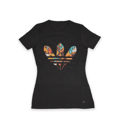Black Three Feathers Ladies Tee with feather artwork front view