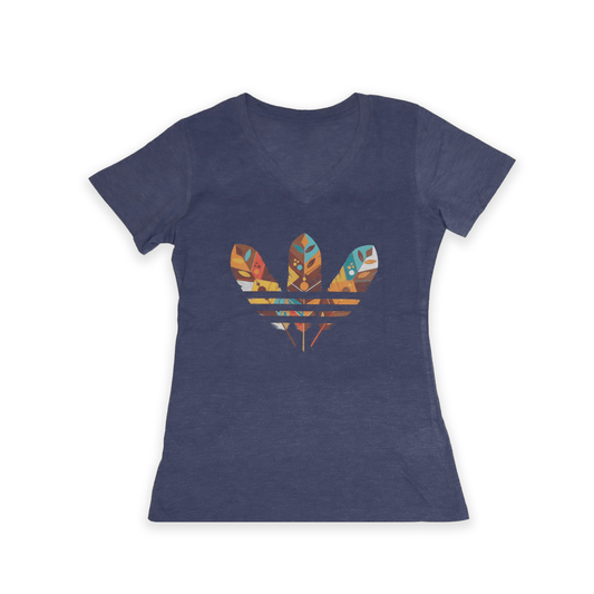 Blue Three Feathers Ladies V-neck Tee with feather artwork front view