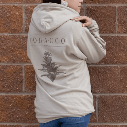 Back view of Tobacco Medicine Hoodie showing hood and print