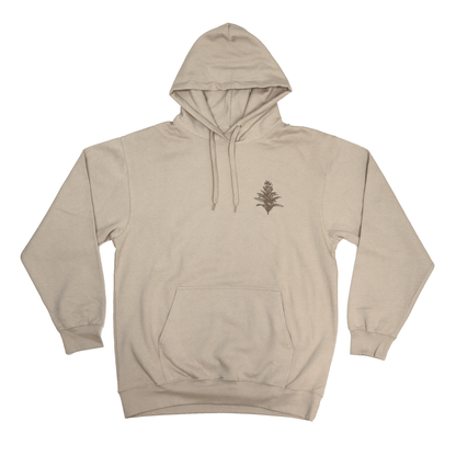 Front view of Tobacco Medicine Hoodie featuring cultural artwork