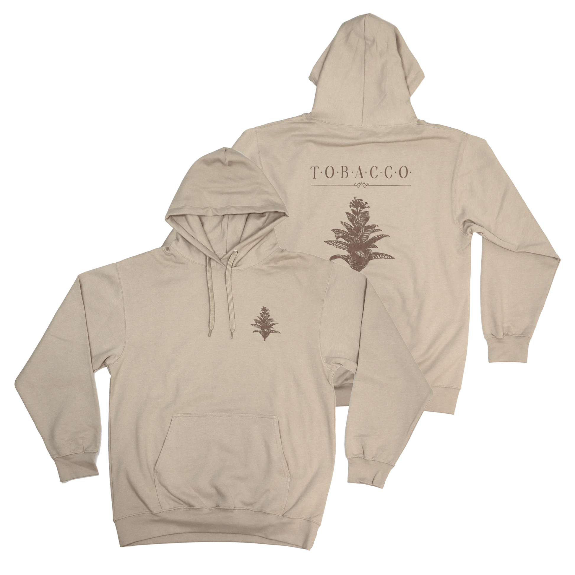 Flat lay front and back view of Tobacco Medicine Hoodie with symbolic print