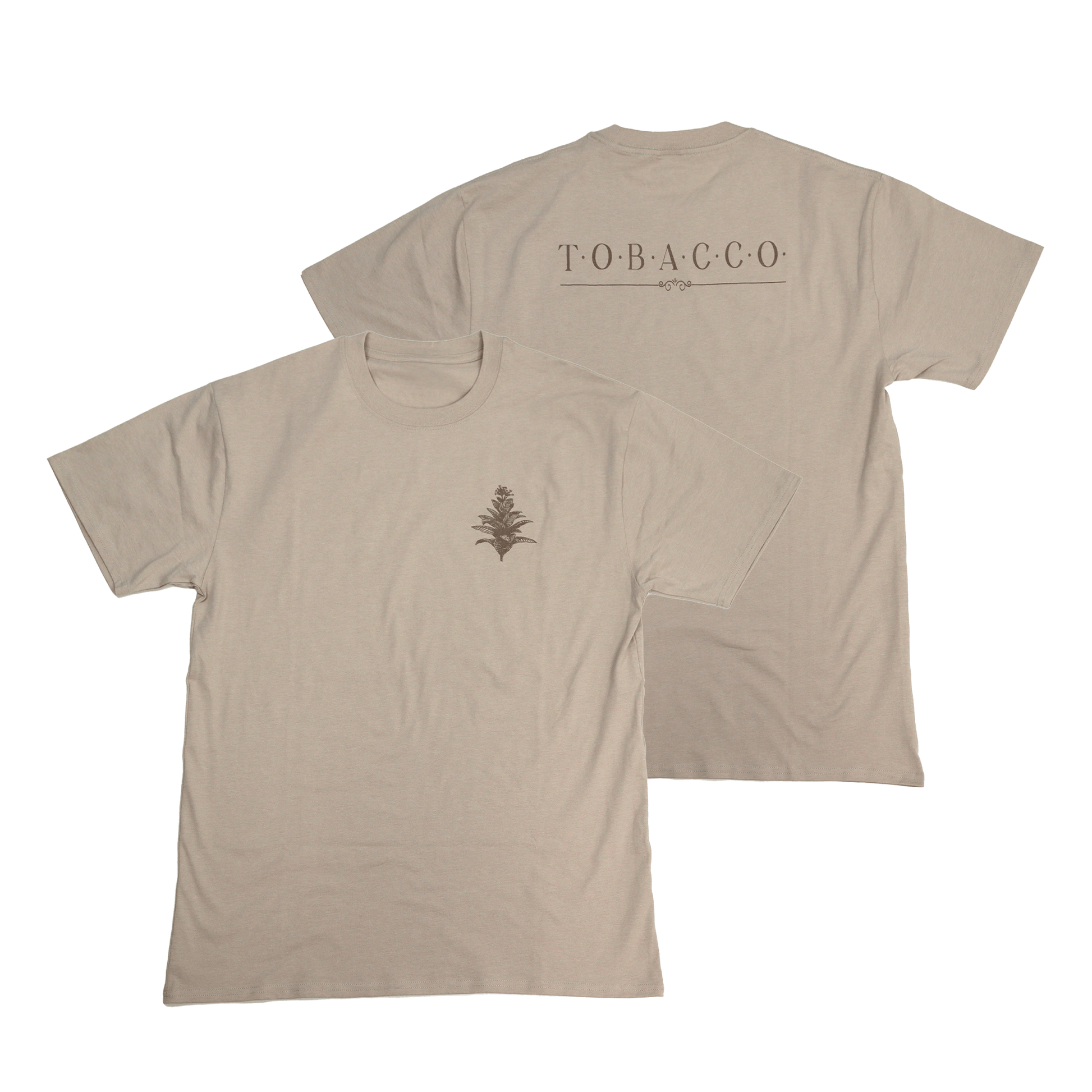 Flat lay front and back view of Tobacco Medicine Tee in beige with small chest and back print