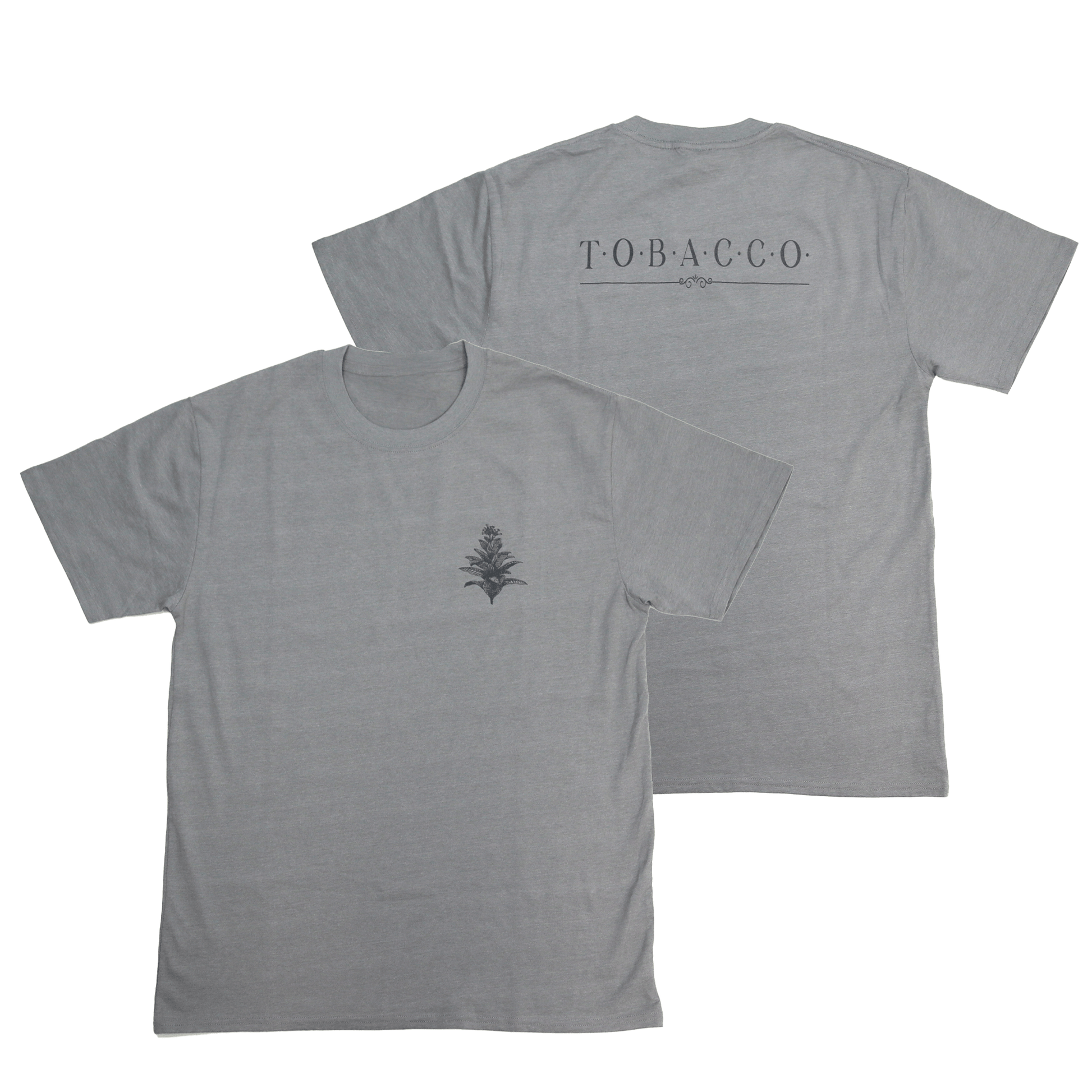 Flat lay front and back view of Tobacco Medicine Tee in grey