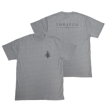 Flat lay front and back view of Tobacco Medicine Tee in grey