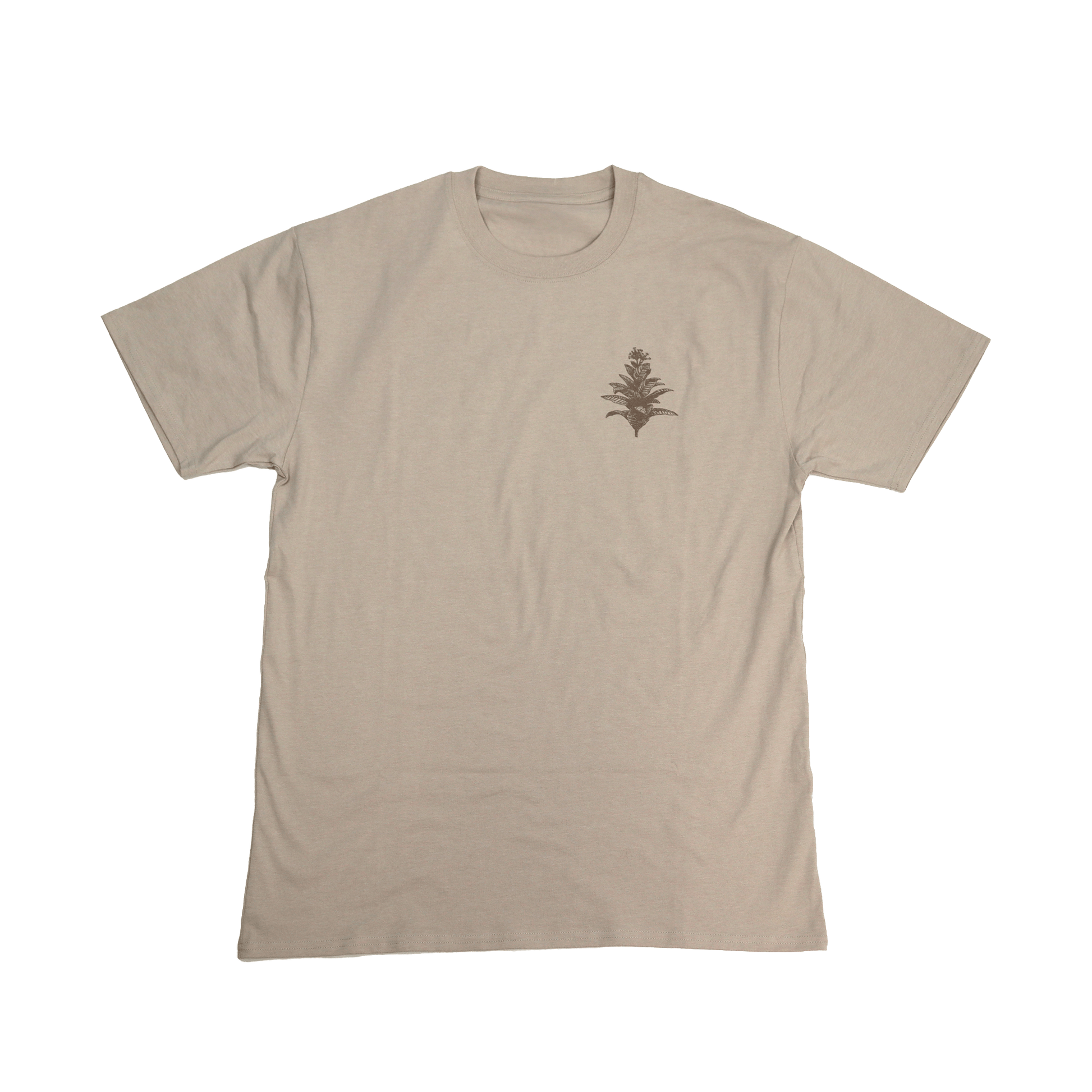 Flat lay front view of Tobacco Medicine Tee in beige with Indigenous design