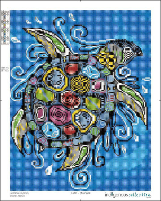 Turtle - Mikinaak - Diamond Art Kit design with colorful patterns on a blue background, showcasing Indigenous art.