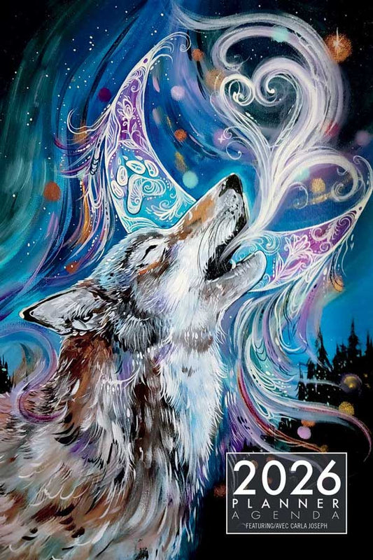 Wolf Moon 2026 Weekly Planner cover featuring a vibrant wolf illustration by Carla Joseph.