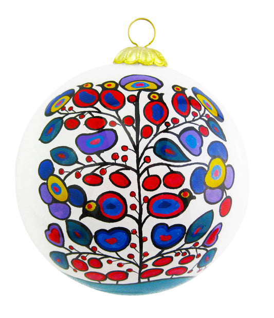 Woodland Floral Glass Ornament featuring vibrant, nature-inspired patterns designed by Ojibwa artist Norval Morrisseau.