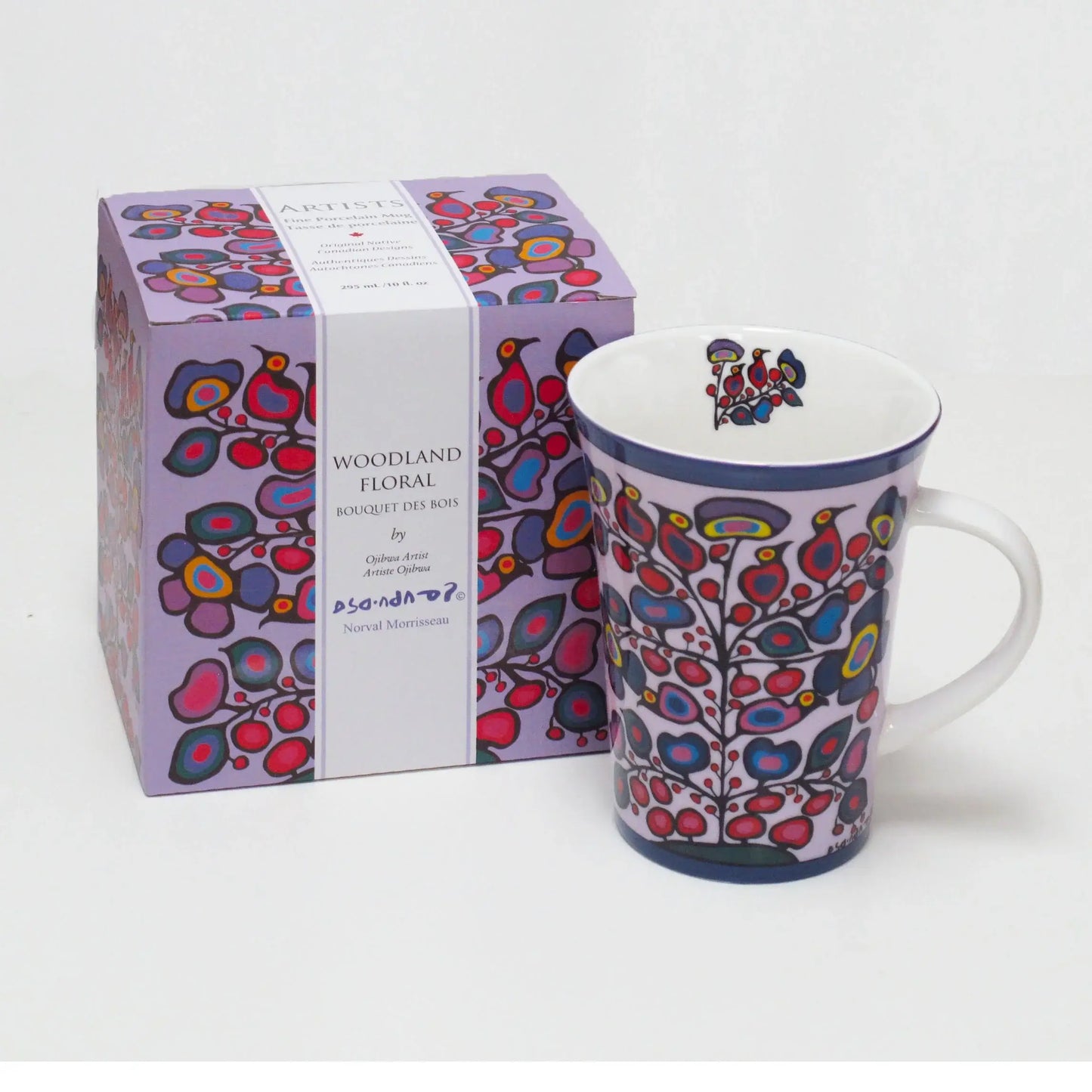 Woodland Floral Porcelain Mug next to beautifully designed gift box by Ojibwa artist Norval Morrisseau.