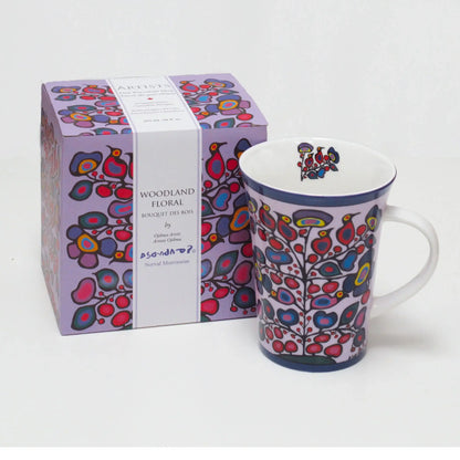 Woodland Floral Porcelain Mug next to beautifully designed gift box by Ojibwa artist Norval Morrisseau.