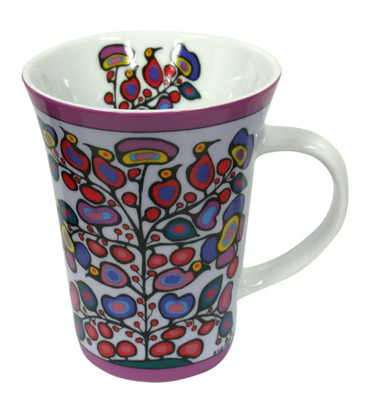 Colorful Woodland Floral Porcelain Mug designed by Ojibwa artist Norval Morrisseau, perfect for gifting.