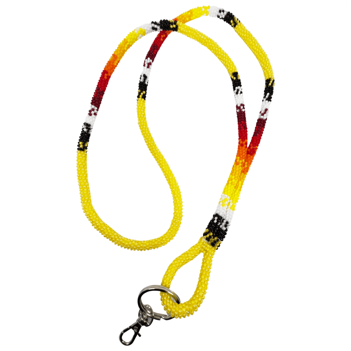 Wrapped Beaded Sunburst Lanyard featuring vibrant yellow, red, and black beads for stylish ID and key carrying.