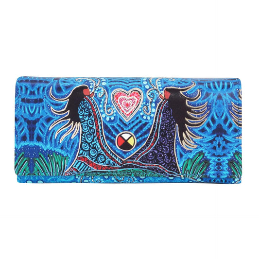 Colorful wallet with peacock design and heart symbol on a white background