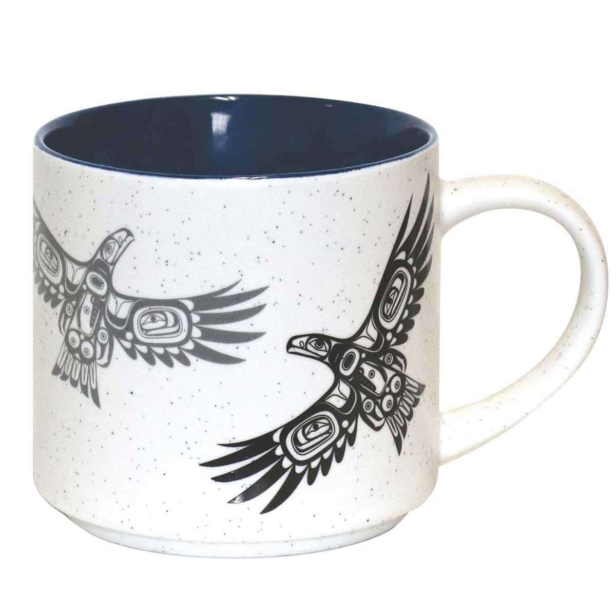 Ceramic Mug - Soaring Eagle with Indigenous artwork and speckled matte exterior.