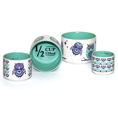 Owls - Ceramic Measuring Cup Set featuring colorful owl designs and various measurements including 1/2 cup and 1/4 cup.