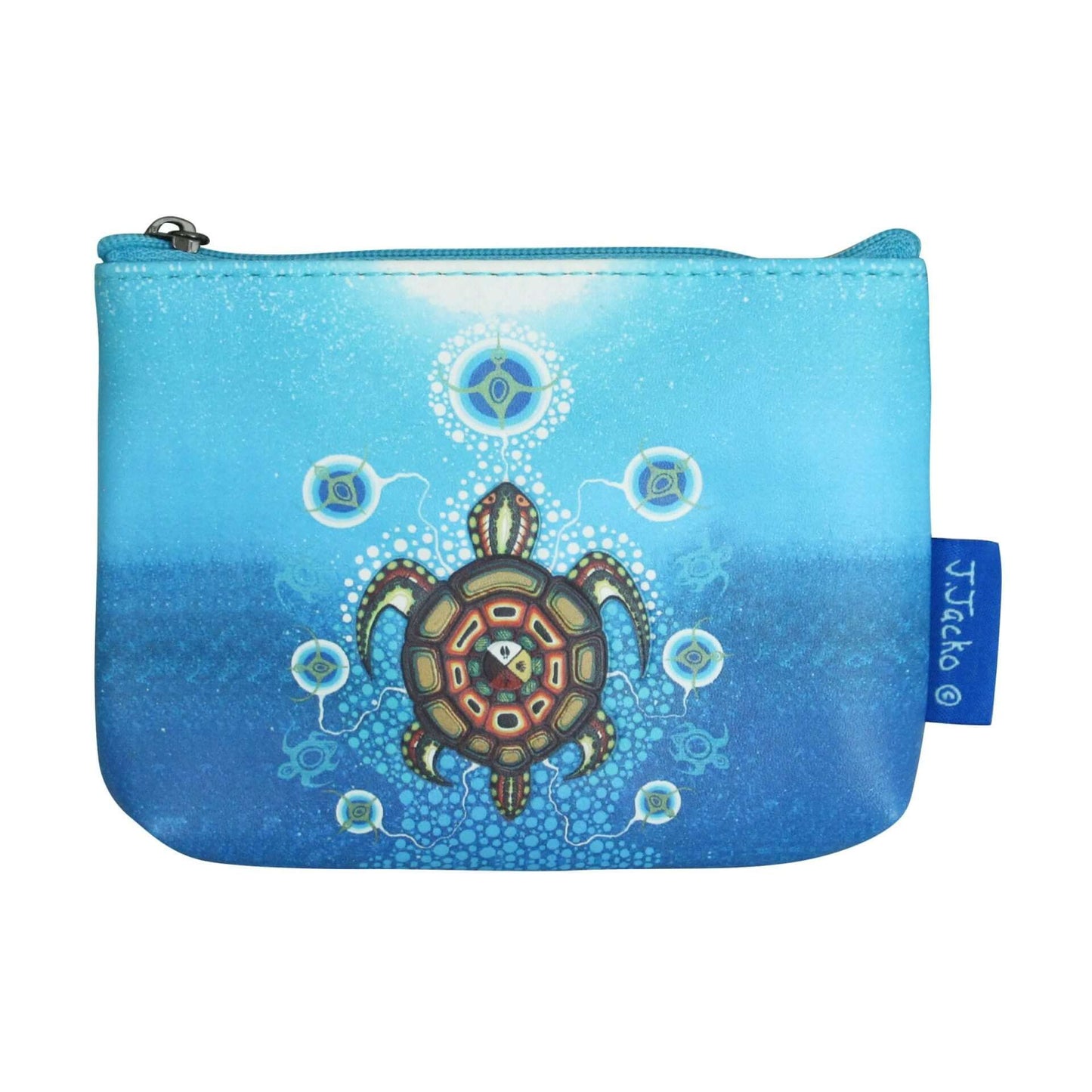 Blue pouch with a turtle design on a white background