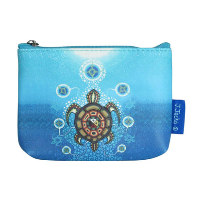 Blue pouch with a turtle design on a white background