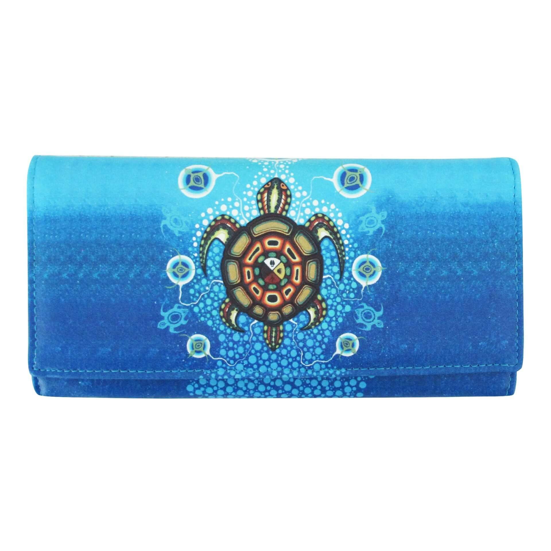 Blue wallet with a turtle design on a white background