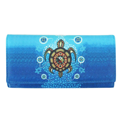 Blue wallet with a turtle design on a white background