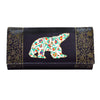 Black clutch with floral bear design on a white background