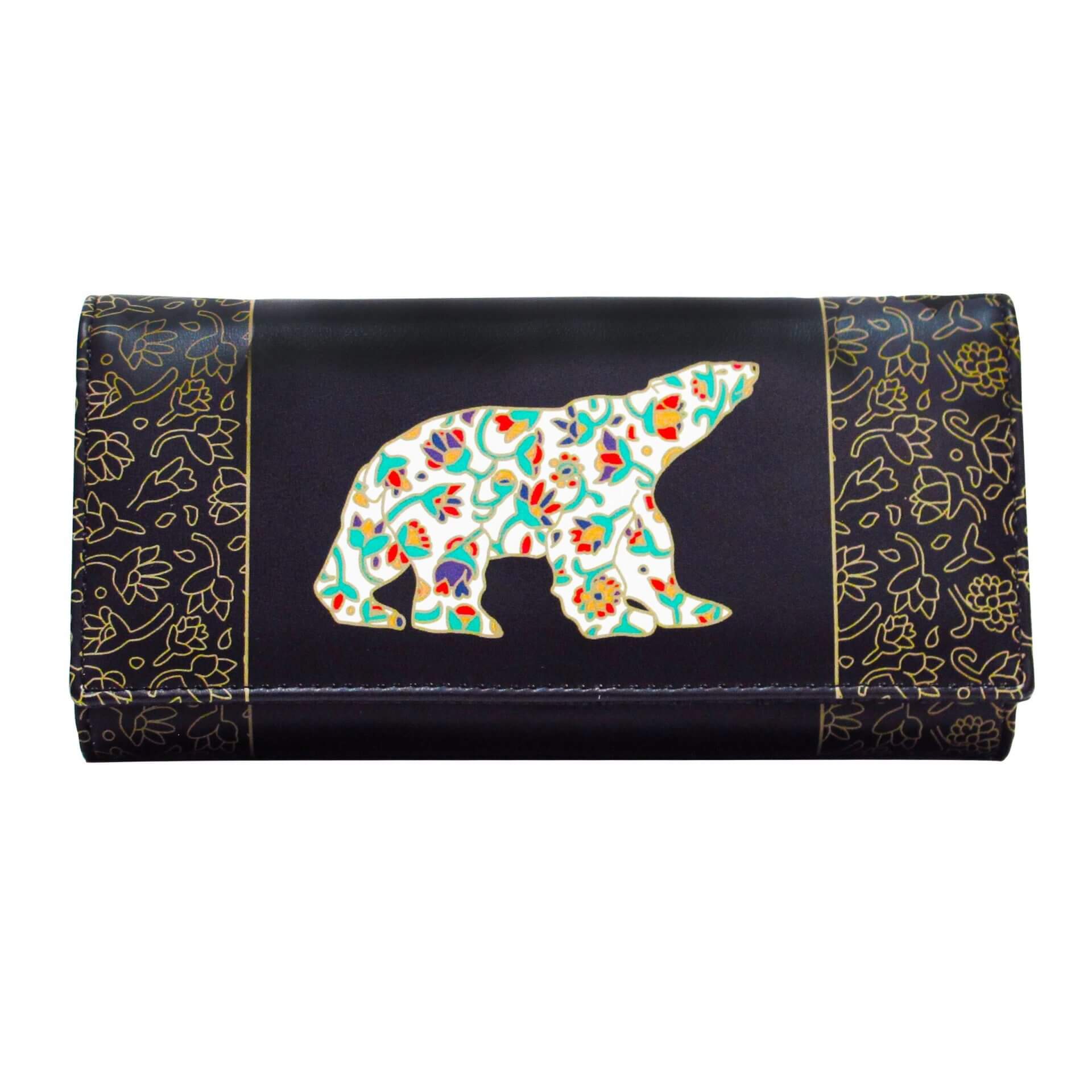 Black clutch with floral bear design on a white background