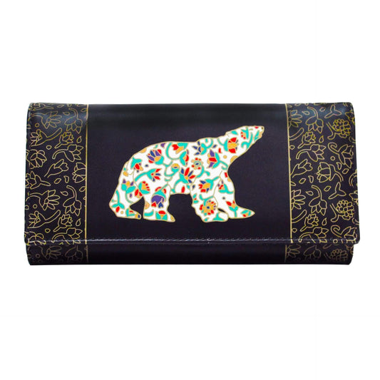 Black clutch with floral bear design on a white background