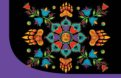 Colorful design featuring indigenous themes, showcasing vibrant patterns and elements on a black background.