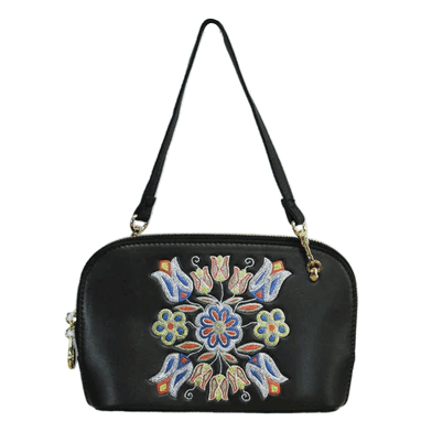 Black bag with colorful floral embroidery, perfect for casual or formal occasions.